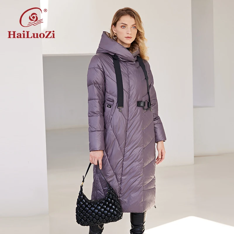 HaiLuoZi 2022 New Women\'s Winter Jacket Slanted placket Lengthen Warm Windproof Hooded Casual Bio-Cotton Parka Women Coat 6032