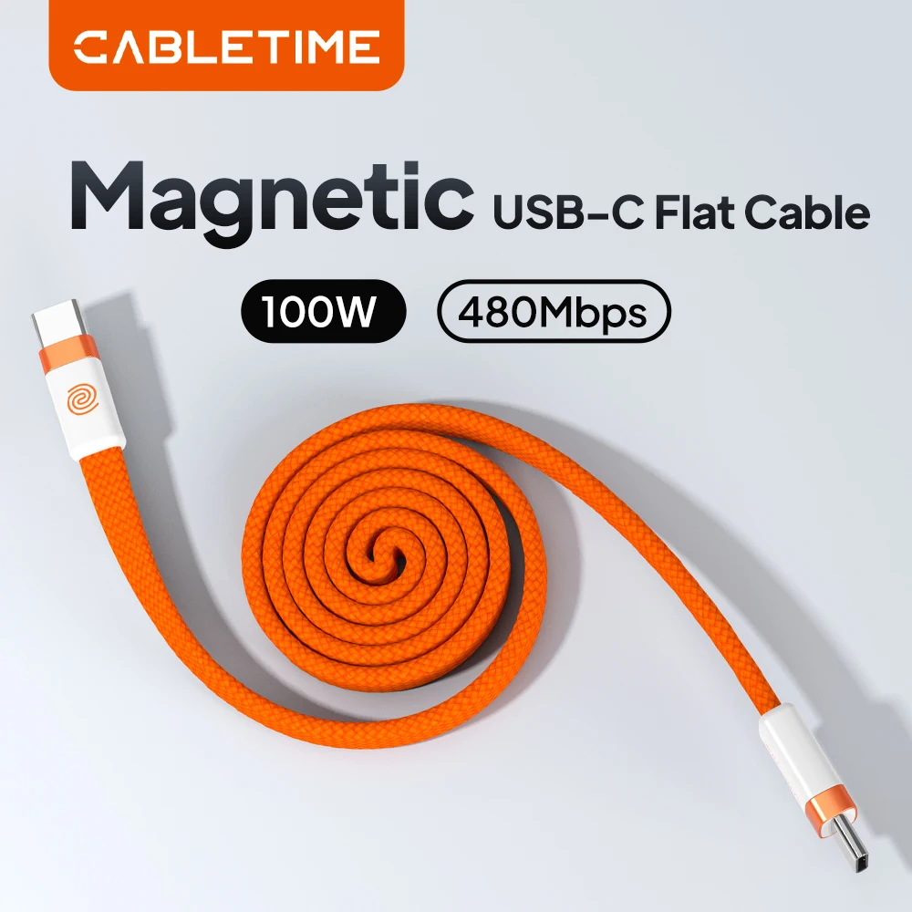 CABLETIME 100 W magnetisches USB-C-Kabel Typ C auf C-Flachkabel 480 Mbit/s Hochgeschwindigkeits-Transfer-C-Kabel für Huawei Xiaomi iPhone 17 16