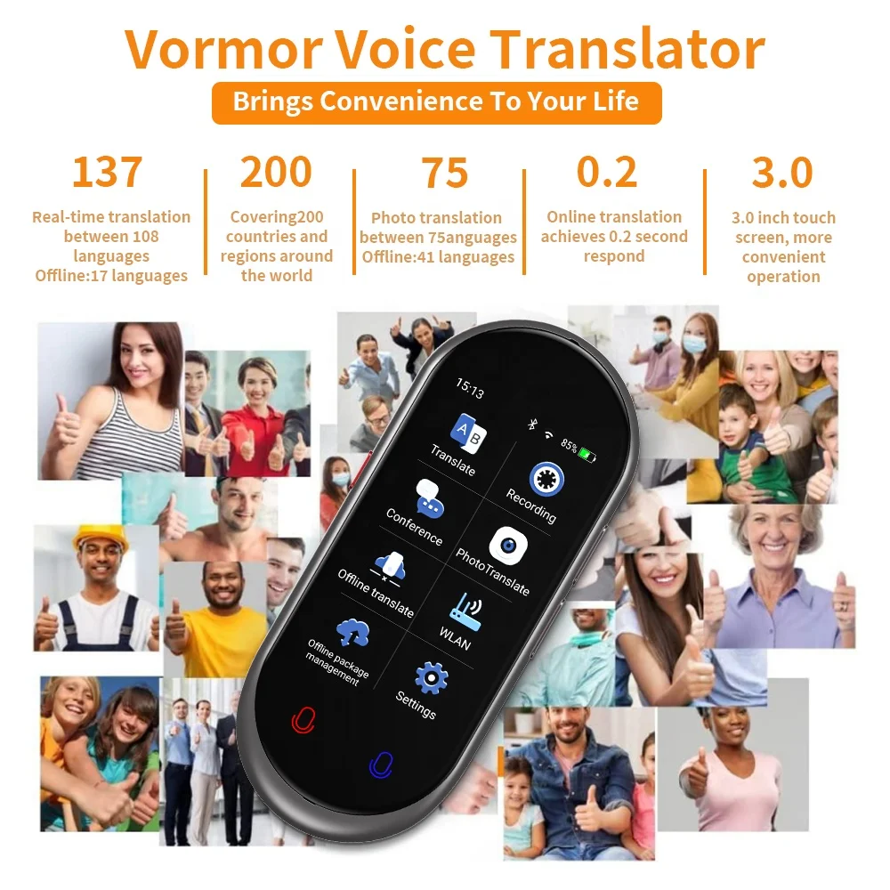 VORMOR Z8 Latest Voice Translator Offline Language Speaking Translator 137 Languages Mini 3.1inch Talking Device