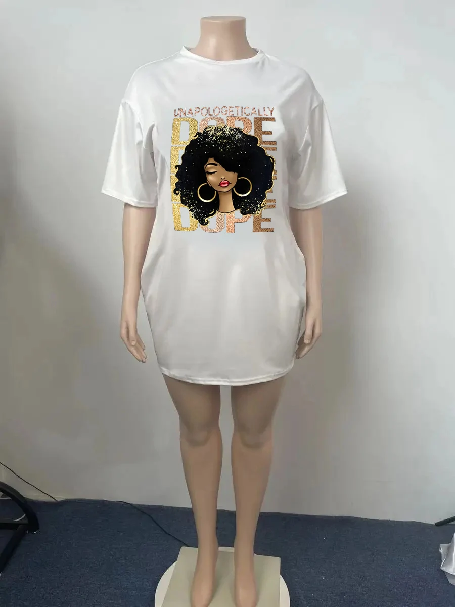 Dames Zomer Losse Maat Dope Meisje Cartoon Print Ronde Hals Korte Mouw T-Shirt Jurk