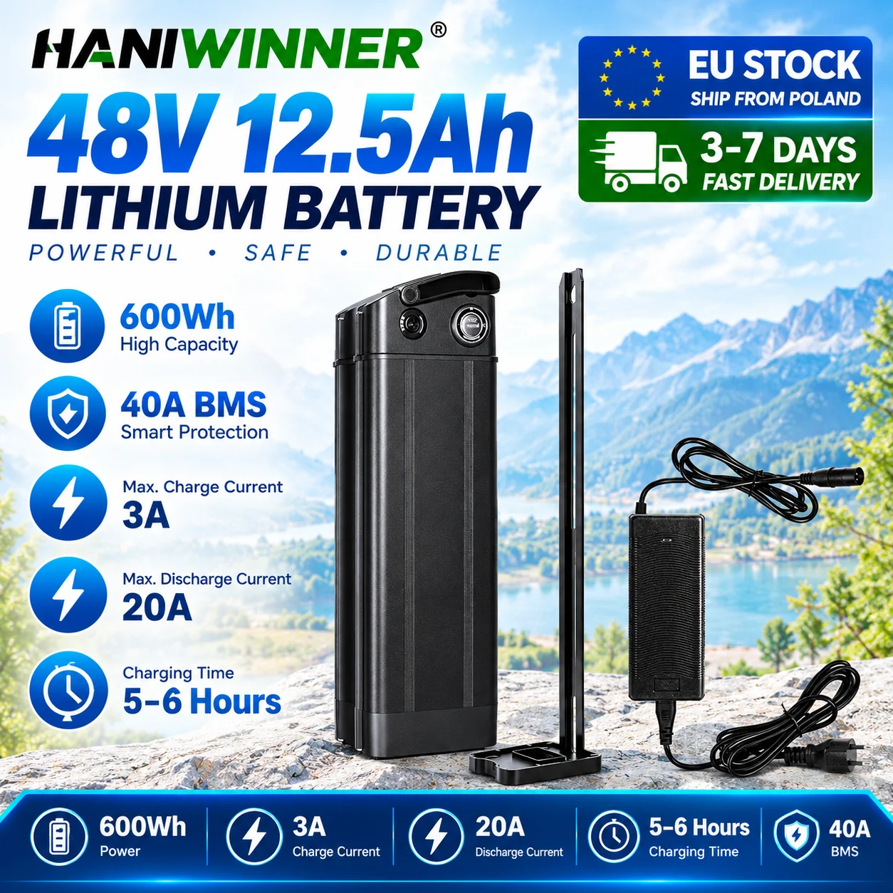 36V 17.5Ah / 48V 12.5Ah Electric Bicycle Lithium Battery, 600Wh with 3A Charger, Safety Lock & Indicator Light, 200W Power Source for Ebike & Power Station