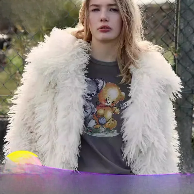 سترة عصرية بأكمام طويلة من الفرو الاصطناعي ذات ياقة ثابتة ملابس نسائية جديدة للخريف والشتاء TRF معطف خارجي أنيق