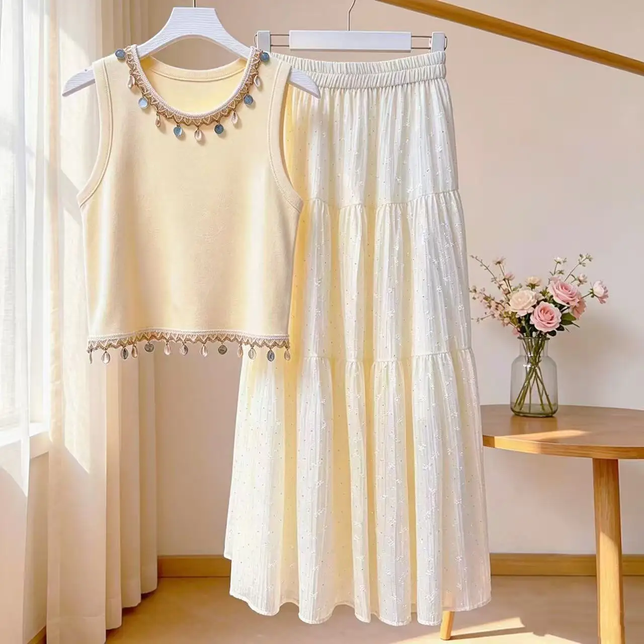 New Fashion Summer Casual Two Piece Set Women Sequin O-neck Sleeveless Vest Top + A-line Patchwork Skirt Casual Outfit