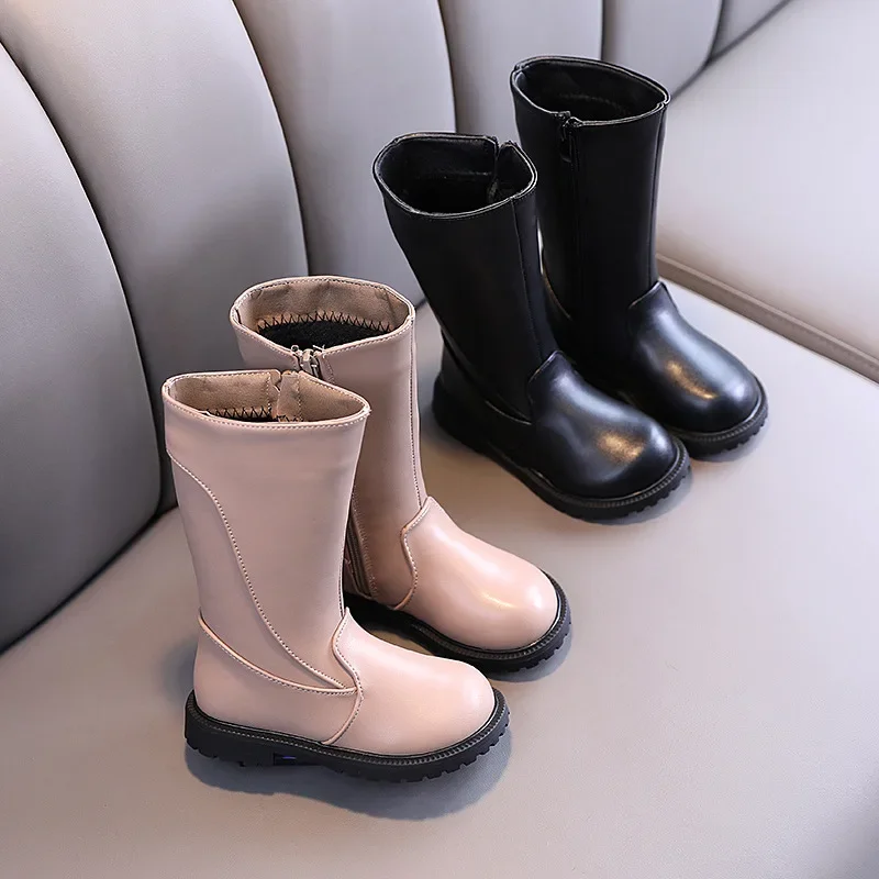 

Children Winter New Versatile High Boots Girls Solid Color Non Slip Side Zipper Soft Soled Leather Boots Woman Simple Kids Shoes