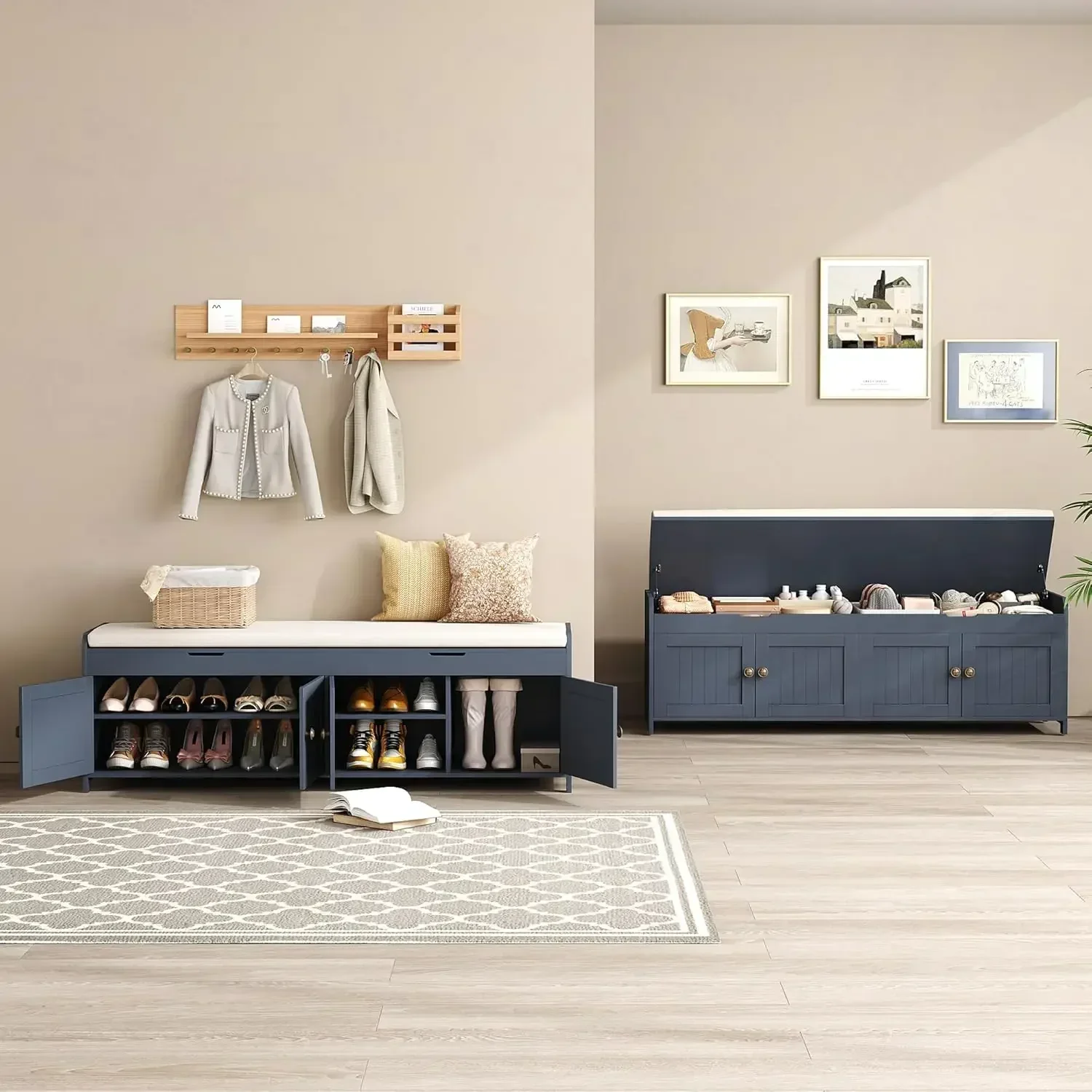 

[Free Shipping, New Arrival!]54.4" Shoe Bench with Lift Top Storage, Entryway Bench with Cushioned Seat, Wooden End of Bed Bench