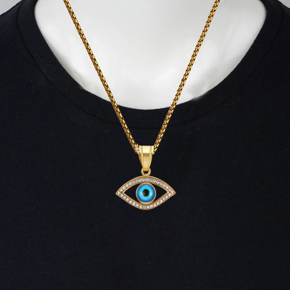 Hip Hop Iced Out Bling Blue Evil Eyes ciondolo Color oro collana in acciaio inossidabile CZ Eye per donna uomo regalo di gioielli turchi