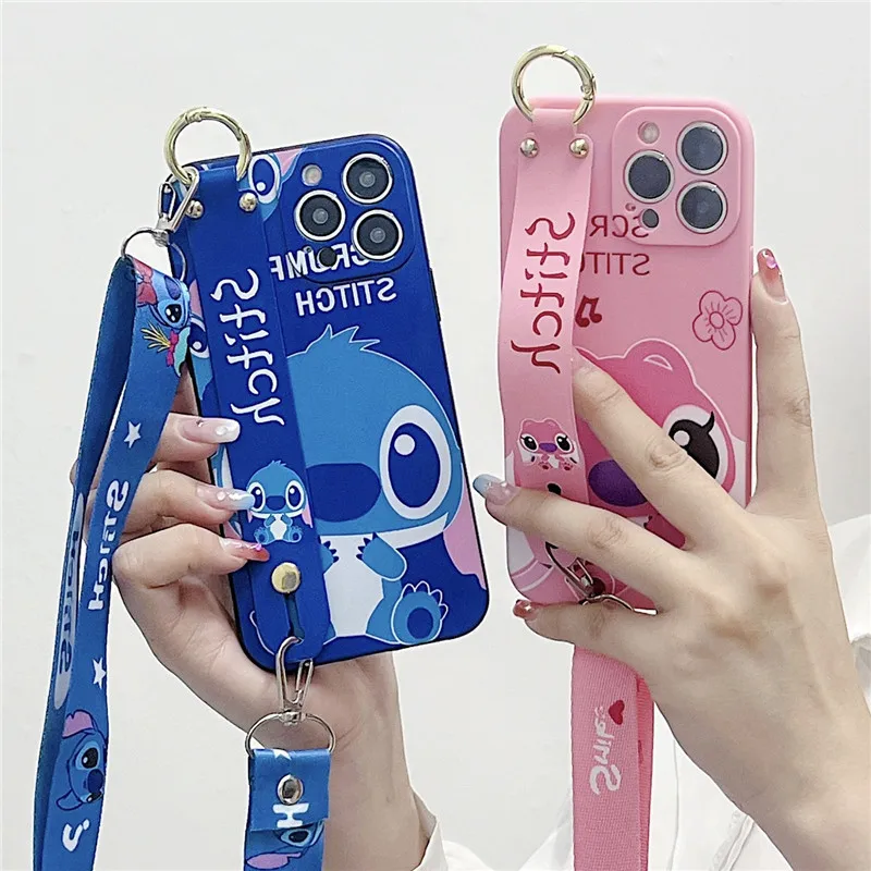 Schattige Cartoon Stitch Crossbody Hals Riem Lanyard Telefoonhoesje Voor Iphone 15 14 12 13 11 Pro Max X Disney Polsband Beugel Cover