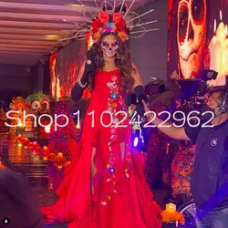 Red Mexican Culture Mermaid Prom Dresses Strapless Stain Embroidery Bordado Catrina Díademuertos Evening Gown with slit