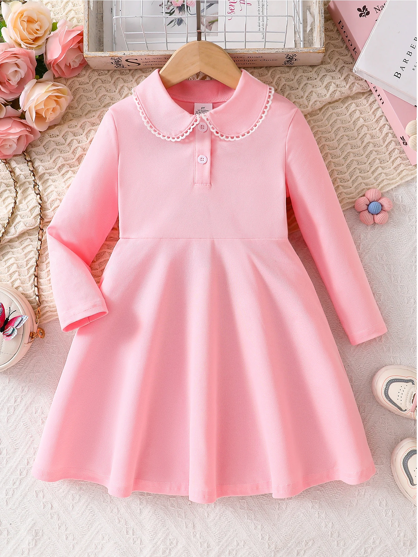 1-teiliges Set: Mädchen-Frühlings- und Herbstkleid mit dünnen langen Ärmeln, bequemes, weiches, schlichtes, einfarbiges Kleid mit Puppenkragen und 3D-Spitze, niedliches, tailliertes, knielanges Kleid,
