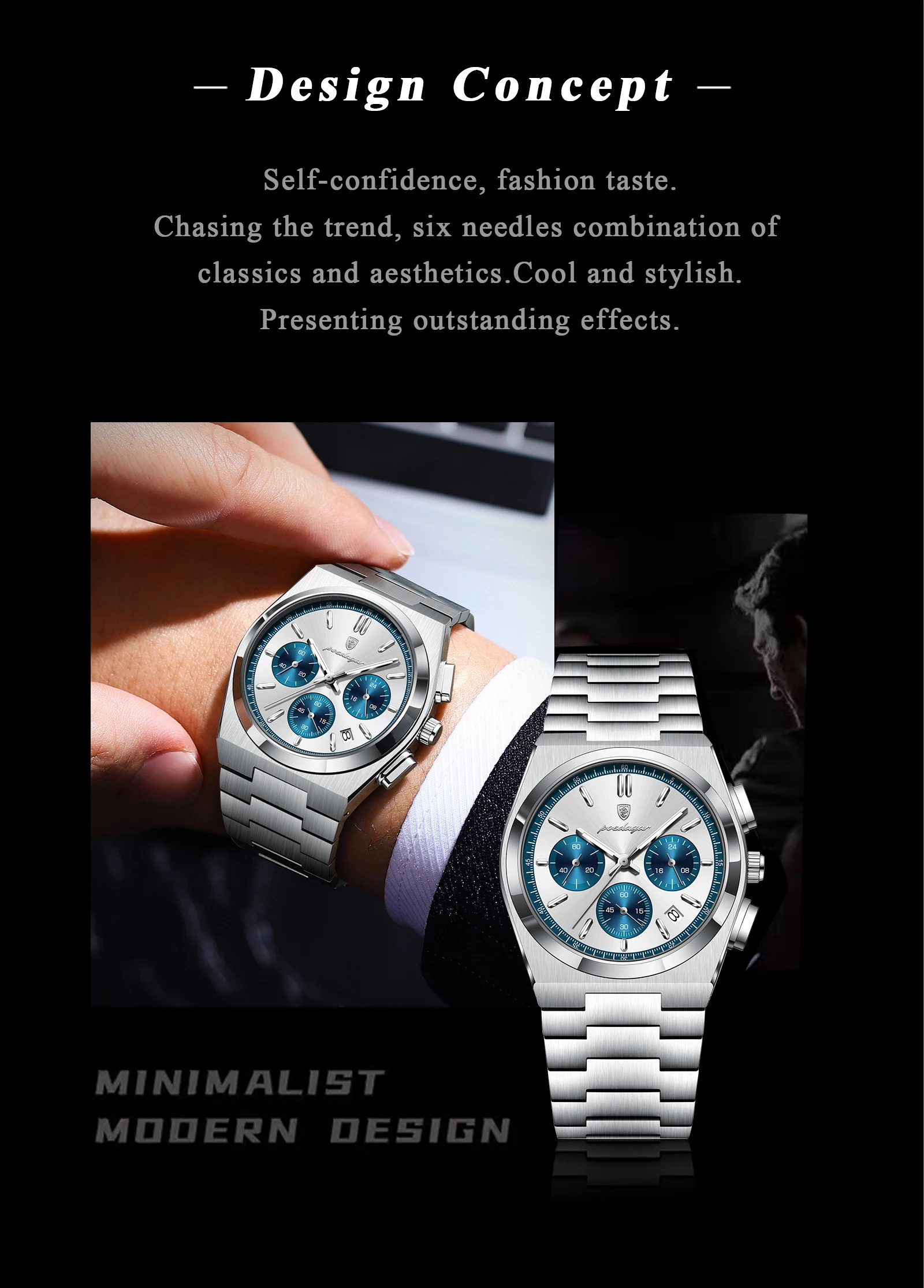 POEDAGAR Top Mode Mann Armbanduhr Chronograph Datum Edelstahl Business Männer Uhr Wasserdicht Leucht männer Quarz Uhren – Detail 3