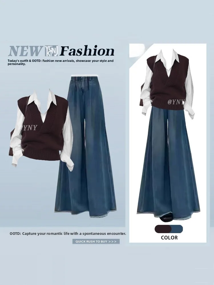 

Faionable Hong Kong Sle, зимний женский вязаный свитер и широкие брюки, комплект, скрывающий возрастной наряд для похудения