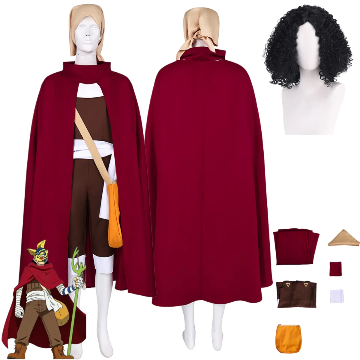 Anime East Blue Usopp Sogeking Cosplay Costume Red Cloak Jumpsuits Uniform Satchel Wig Adult Man Halloween Carnival Suit