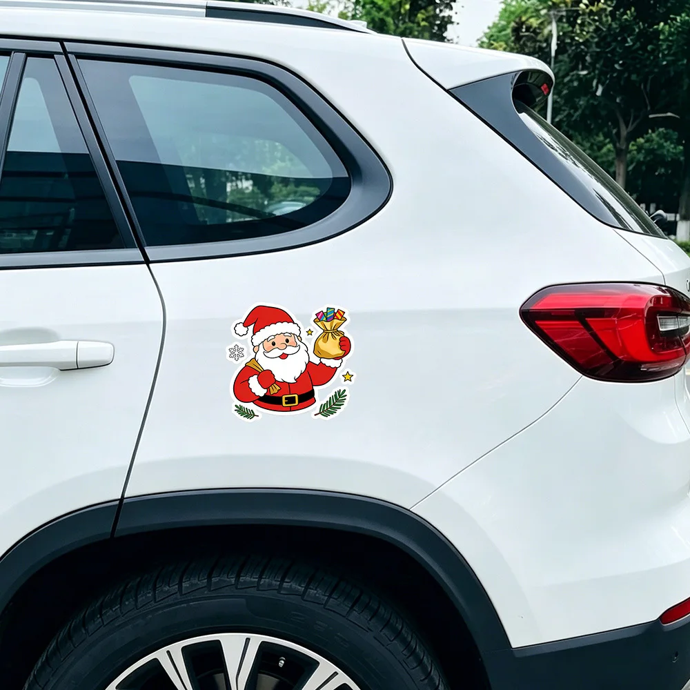 Car sticker featuring a half-body image of Santa Claus surrounded by pine branches, snowflakes, and stars, with colorful ribbons