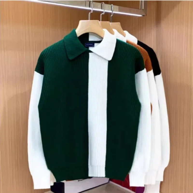 Autumn Winter New Fashion Turn-down Collar Long Sleeve Patchwork Color Blocking Pullovers Sweaters Men's Clothing Casual Tops