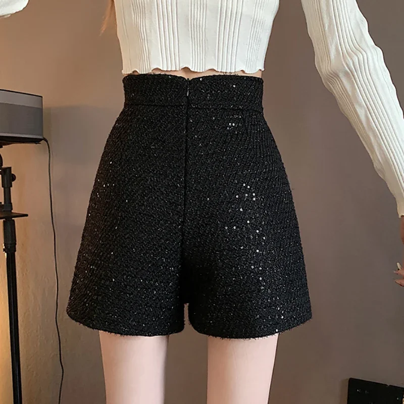 Women Tweed Buttons Casual Shorts High Waist A-line Office Elegant Shorts Female Irregular Shorts Spring Summer Pants