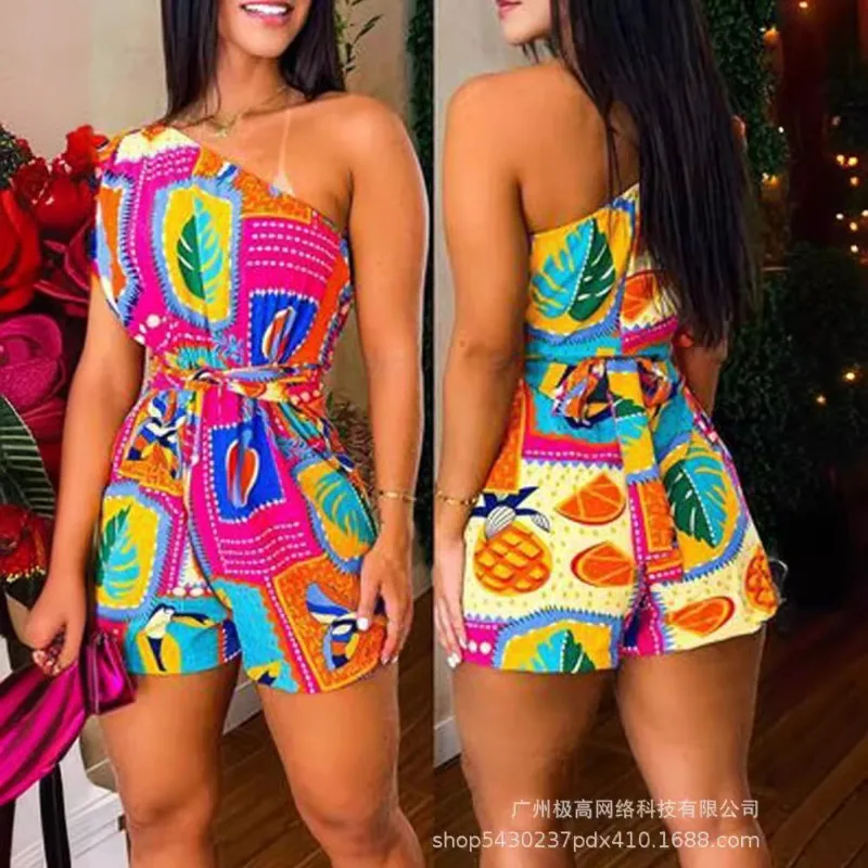 2024 Summer New Women\'s Clothing One-Shoulder Diagonal Collar Tube Top Printed One-Piece Shorts