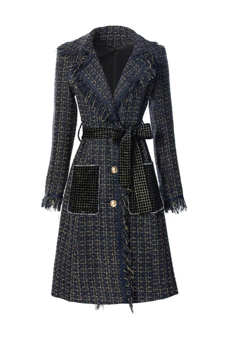 Europe and the United States women's 2024 winter new Long sleeve suit collar single breasted pocket fringe Tweed belt coat XXXL