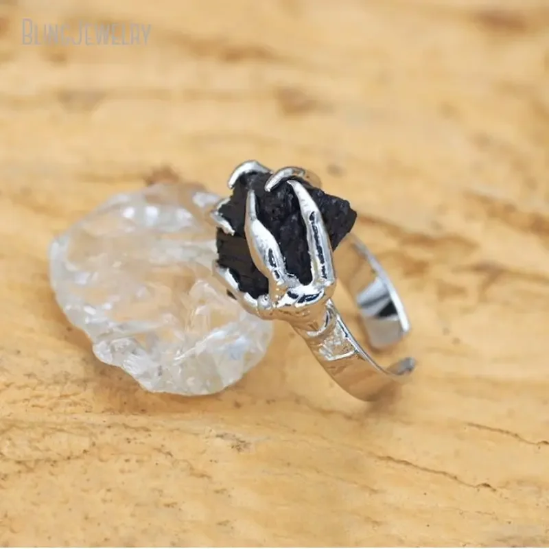 10pcs Claw Black Tourmaline Crystal Gemstone Women Adjustable Ring Goth Witch Boho Talisman Jewelry