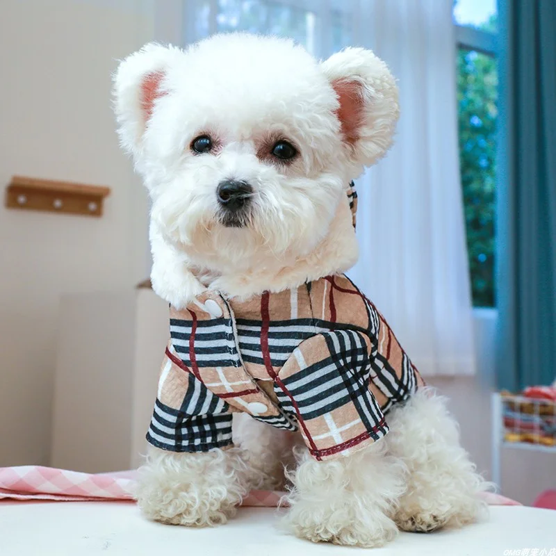 1PC pet clothing winter velvet thick bow coffee plaid cotton jacket suitable for small and medium-sized dogs