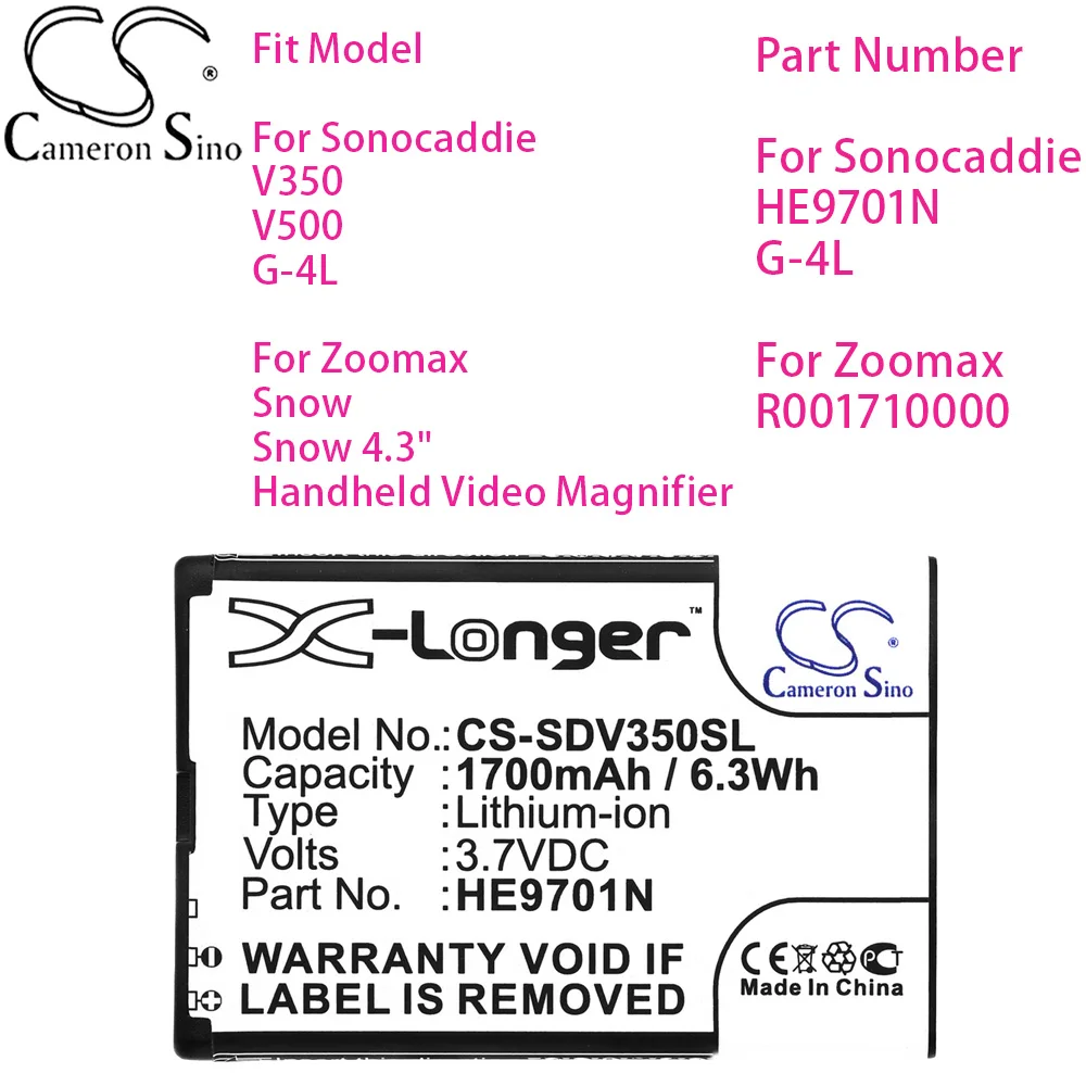 

Cameron Sino GPS, Navigator Battery for Part Number For Sonocaddie HE9701N G4L For Zoomax R001710000 1700mAh