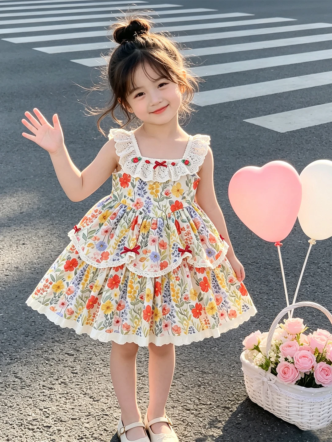 Vestido Infantil Floral com Renda e Alças, Saia Princesa Doce, Leve e Respirável, Moda de Verão para Crianças