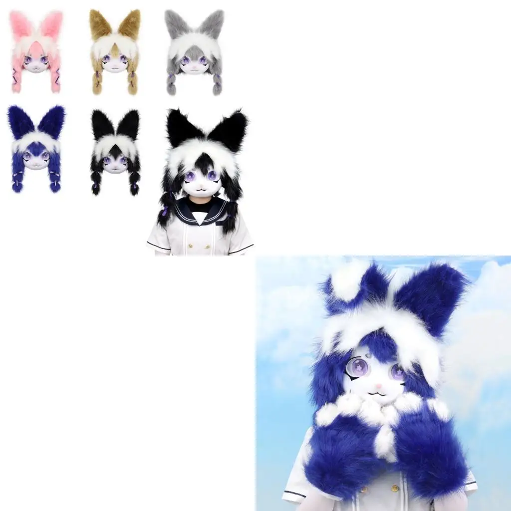 

652F Furry Animal Head Rabbit Fursuit Cut Mask Plush Rabbit Mask Lovely Rabbit Headgear for Halloween Cosplay Party Props
