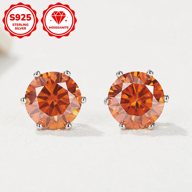 

1Pair 1/2/3ct Simple Fashion Round Fenta 6 Claw Orange Red Moissanite Stud Earrings, Exquisite Birthday Gift for Men Women