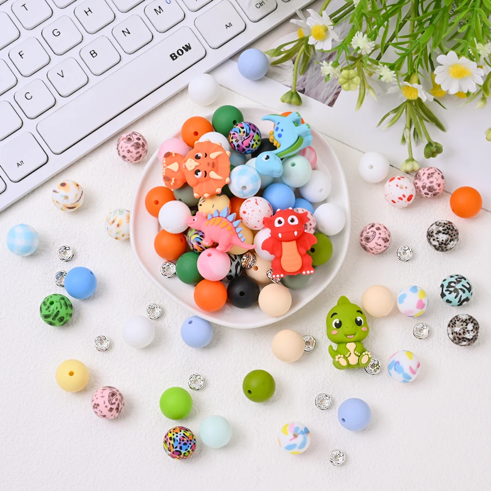 15/150pcs Cartoon Dinosaur Series Silicone Beads 10 Styles Round Beads For DIY Pacifiers Clip Keychain Handmade Jewelry