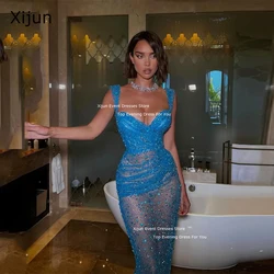 Xijun Sexy Blue Mermaid Evening Dresses See-Thru Sweetheart Sequins Illusion Prom Dresses Night Club Dresses Birthday Party Gown