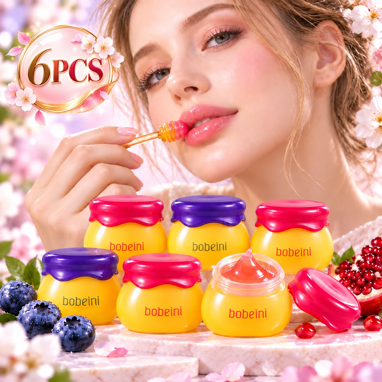 6PCS Honeypot Lip Mask Gift Set, Blueberry Pomegranate Hydrating Lip Balm, Soft Smooth Jelly Lip Care for Daily & Night Use