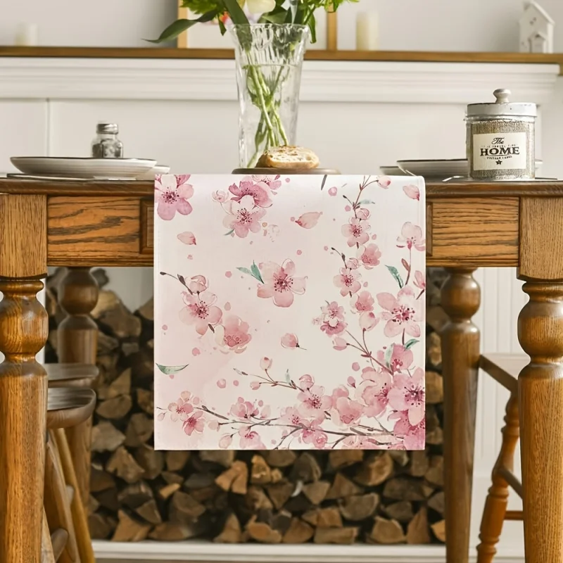 Aquarell-Tischläufer mit Kirschblüten aus Polyester, Muttertags- und Frühlingsblumen-Tischdekoration für Restaurants und Partys