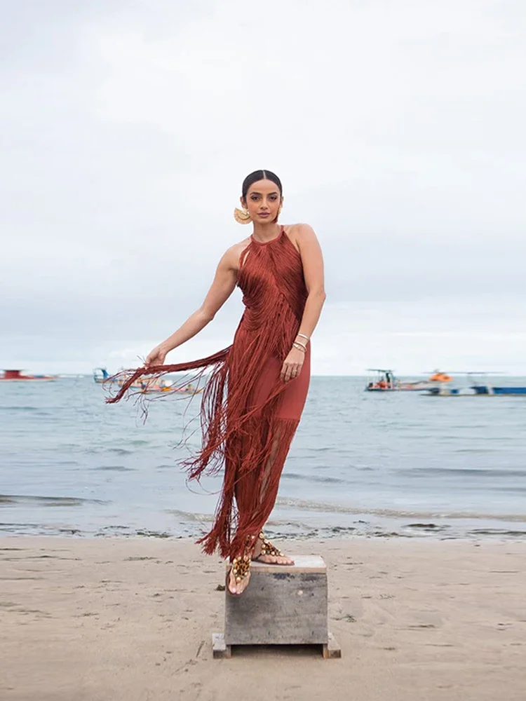 Vestido Halter sin mangas de Color sólido con borlas para mujer, vestido Midi multicapa para mujer, bata de cóctel, moda Sexy, nuevo 2025