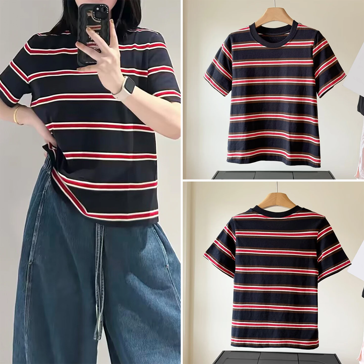 Fashionable round Neck T-Shirt Standard Fit Women's Autumn Wear ZADATA Brand Color Block Short Sleeve Other Material 100%