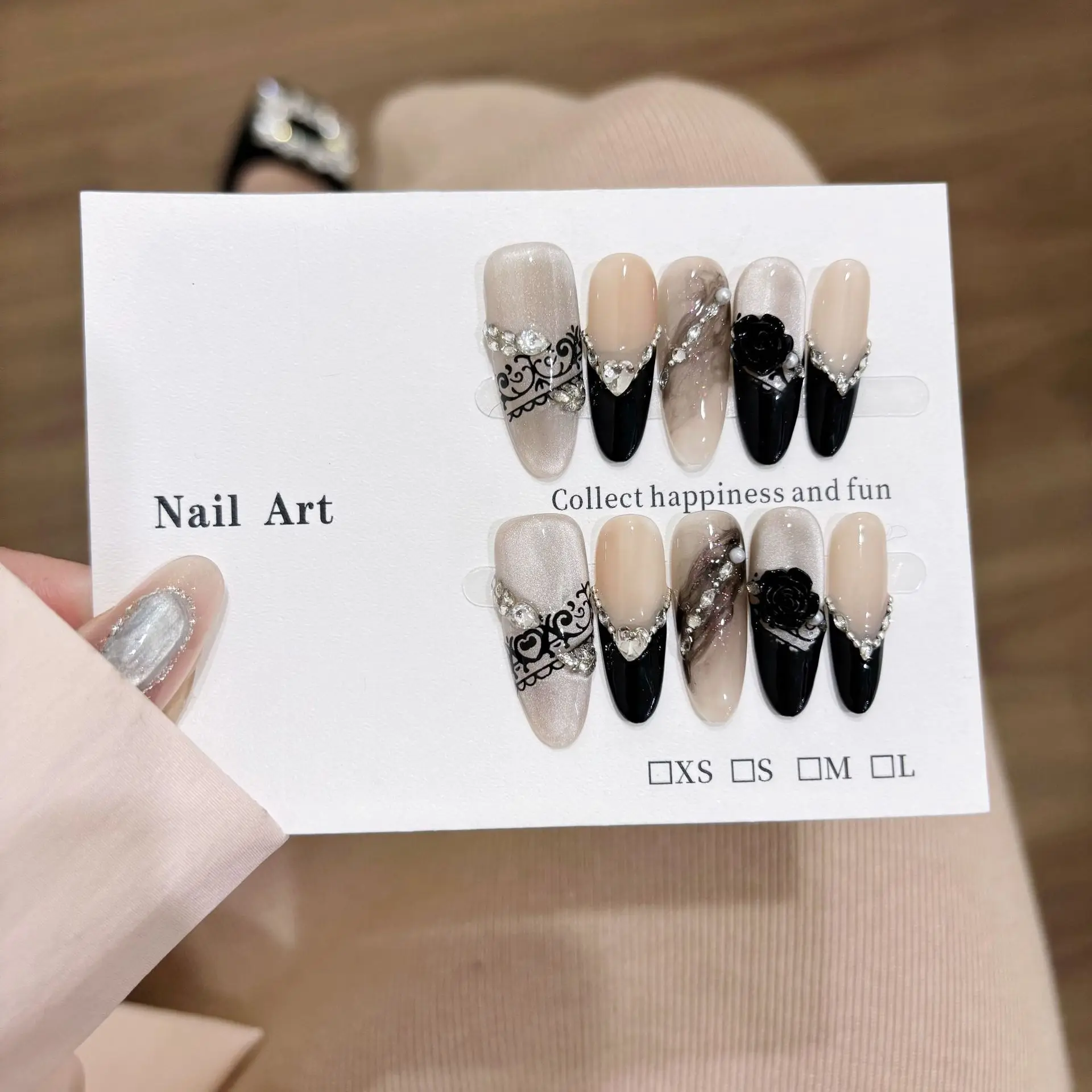 

10Pcs/set French Black Smudged Oval Handmade Press on Nails Cat Eye Fake Nails 3D Flower Full Cover False Nail Uñas Postizas 네일팁