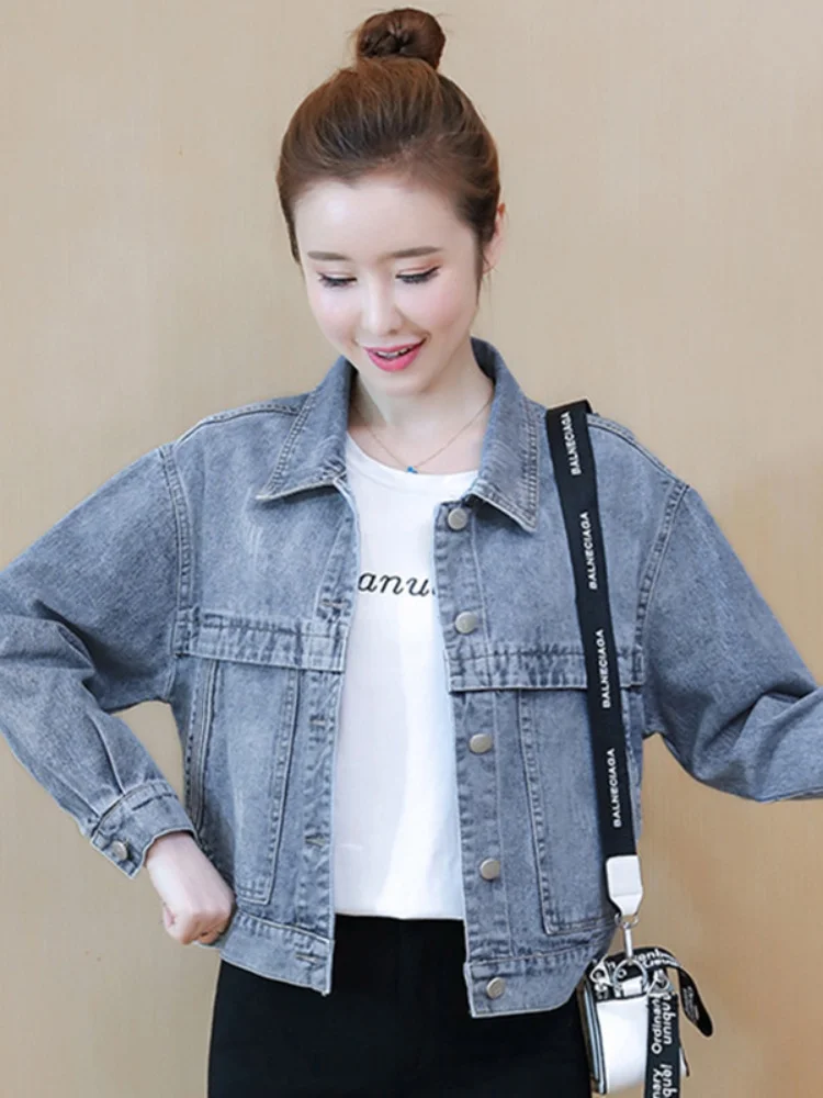 American Sle ort Loose Women's Denim Jaet Spring Autumn Hong Kong Sle Embroidered Coat Button ket Detail