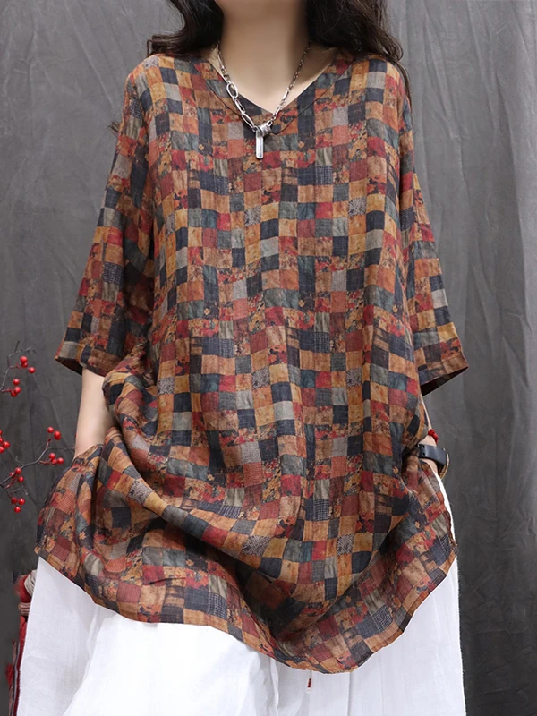 Retro Flax irt V-ne Mid-length Sve Printed Top for Women Summer 2025 Loose Fit Thin Material Commute Sle