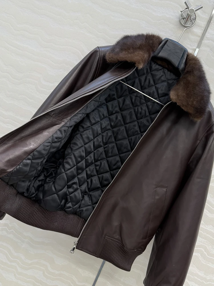 SVORYXIU الخريف الشتاء نمط جديد المنك طوق سترة معطف جلد الغنم النقي امرأة الموضة سترة جلدية حقيقية #5