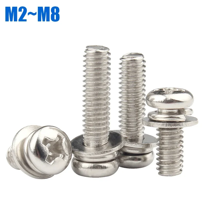 M2 M2.5 M3M4M5M6M8 Nickel Plated Round Head Phillips Pan Head Screws with Flat Washers Spring Washers Pan Head Screw Combination