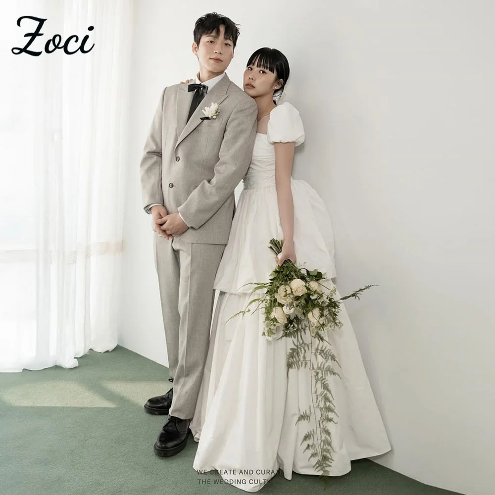 

Zoci Simple O Neck Korea Wedding Dresses Short Puff Sleeve Tiered A Line Photo Shoot Dress Customized Draped Corset Bridal Gown