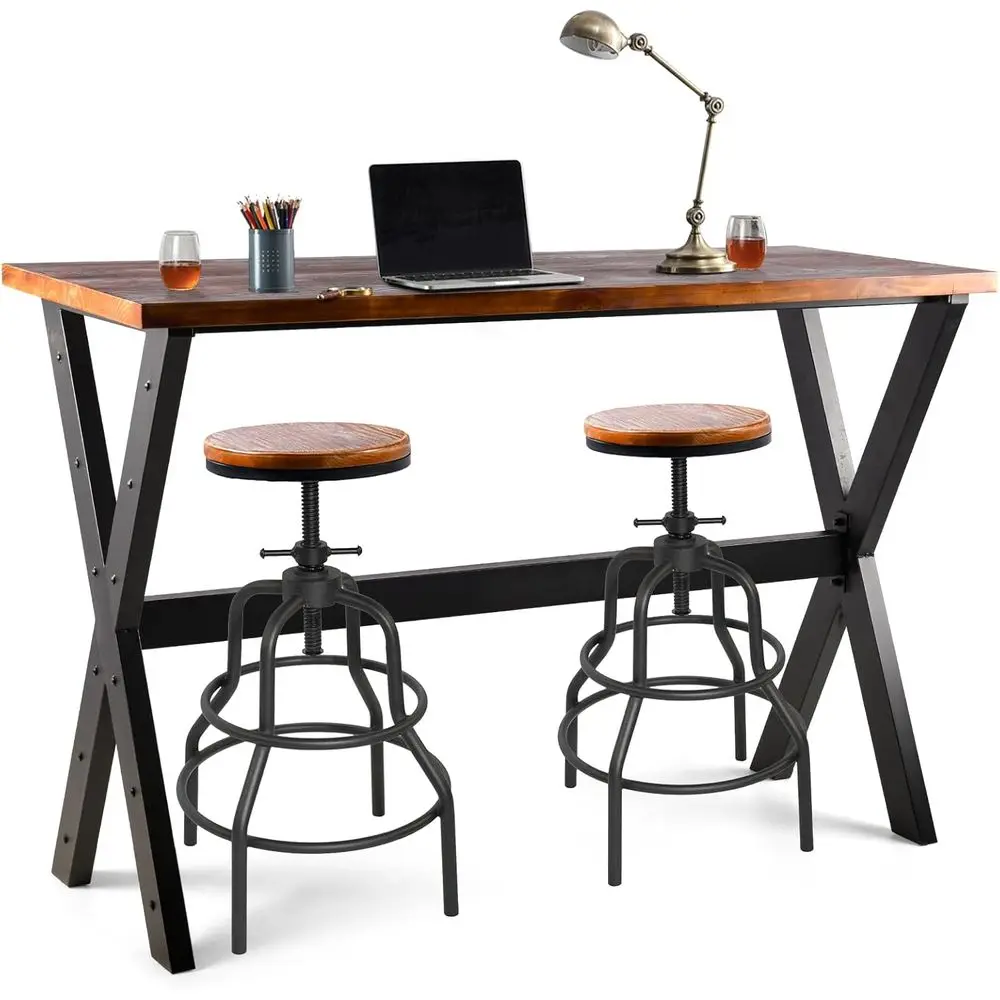 

Комплект из 3 предметов: стол и стулья, компактная мебель для дома, бара, столовой или паба, из черного металла в индустриальном стиле и коричневого дерева в деревенском стиле, прочный.