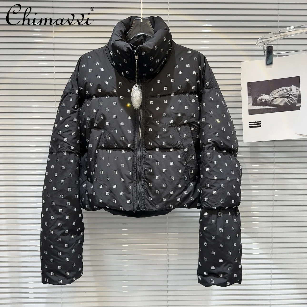 Fashion Letter Rhinestone Pattern Hot Girls Down Jacket 2024 Winter New Warm Stand Collar Long Sleeve Black Warm Short Coats