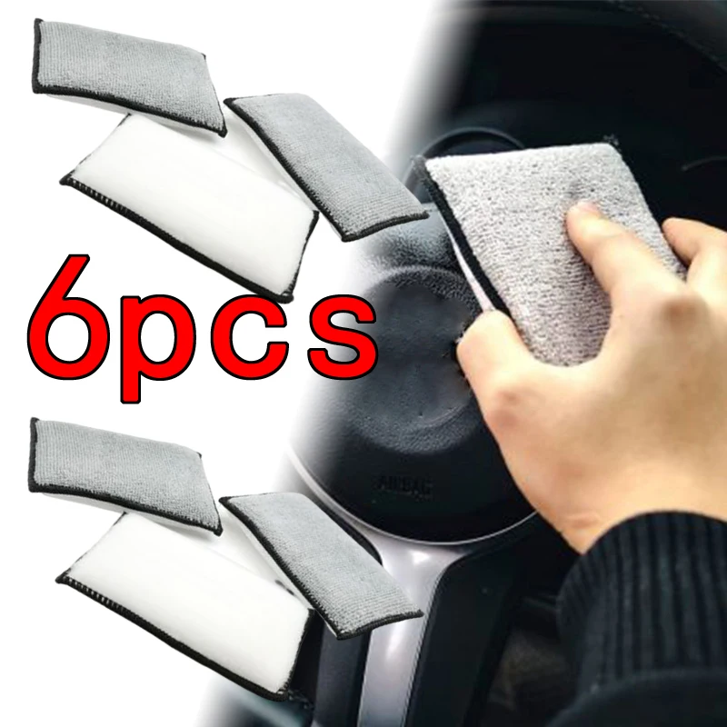 6pcs Car Interior Wash Pad Soft Absorbent Detailing Bristle Cleaning No Scratch Car Household Microfiber Scrubbing Sponge