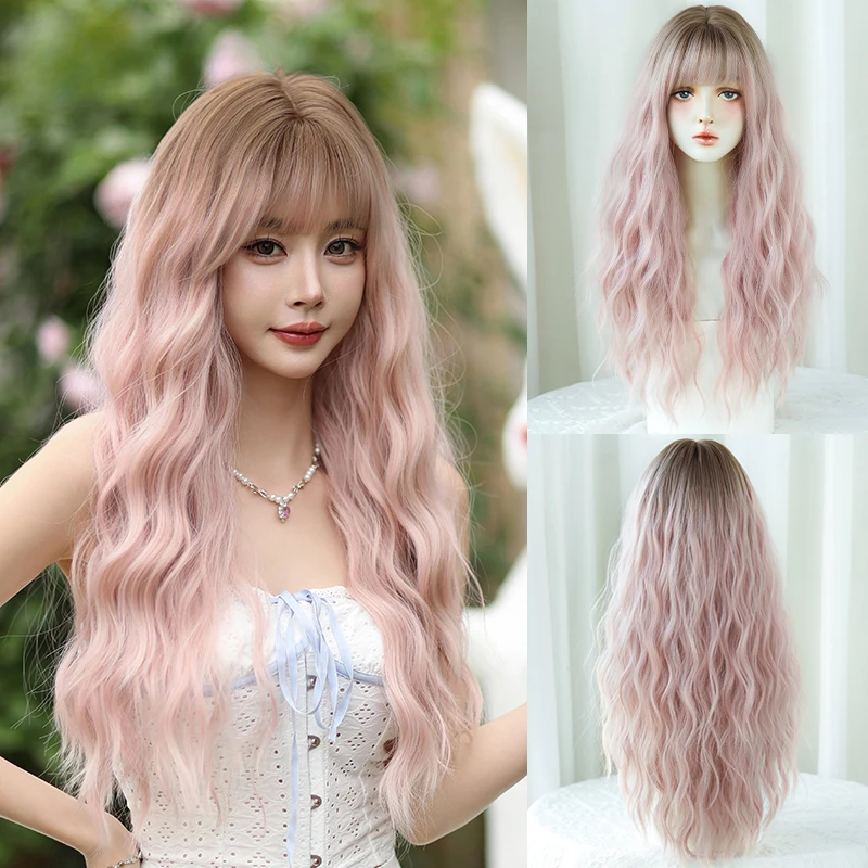 

Loose Body Wavy Pink Brown Dark Roots High Density Synthetic Wavy Ombre Women Party Lolita Wigs