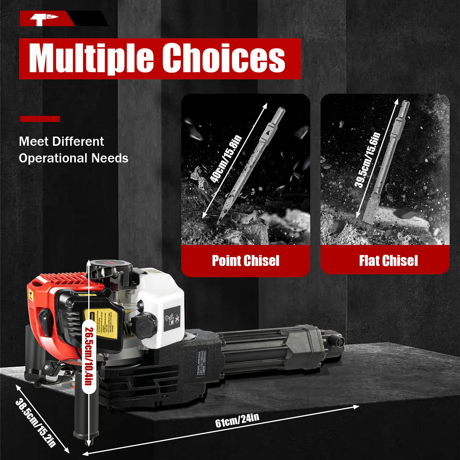 52CC 2-Stroke Demolition Hammer, Gas Powered Jack Hammer with Fuel Mixing Bottle, Point Chisel & Flat Chisel