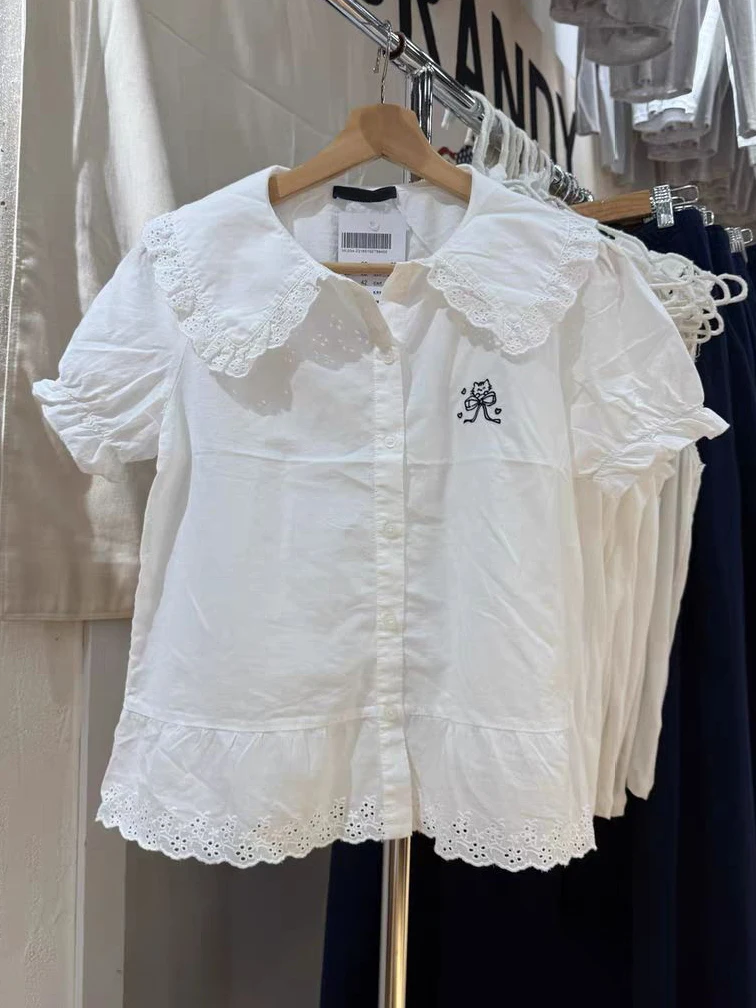 Chat avec nœud broderie T-shirt chemisier femme dentelle garniture col rabattu simple boutonnage manches bouffantes chemises blanc coton doux T-shirt
