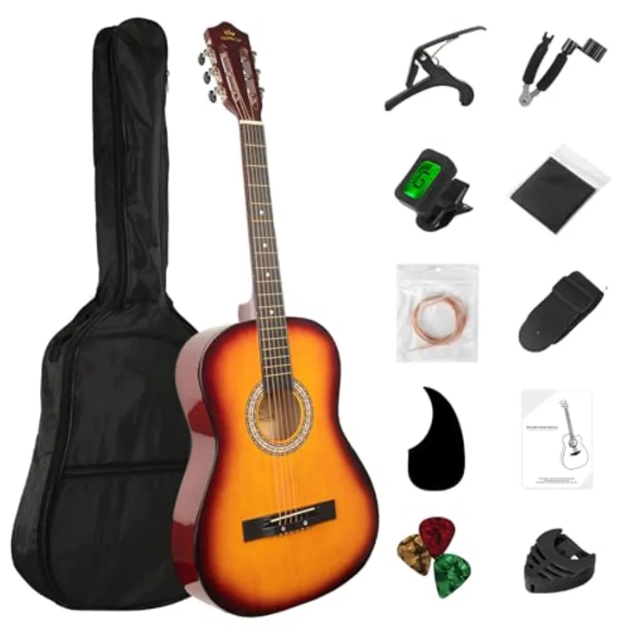 

38in Beginner Acoustic Guitar Starter Kit with Tuner Bag Capo Strings Winders Strap Picks Student Guitar Pickguard Sunburst Gig