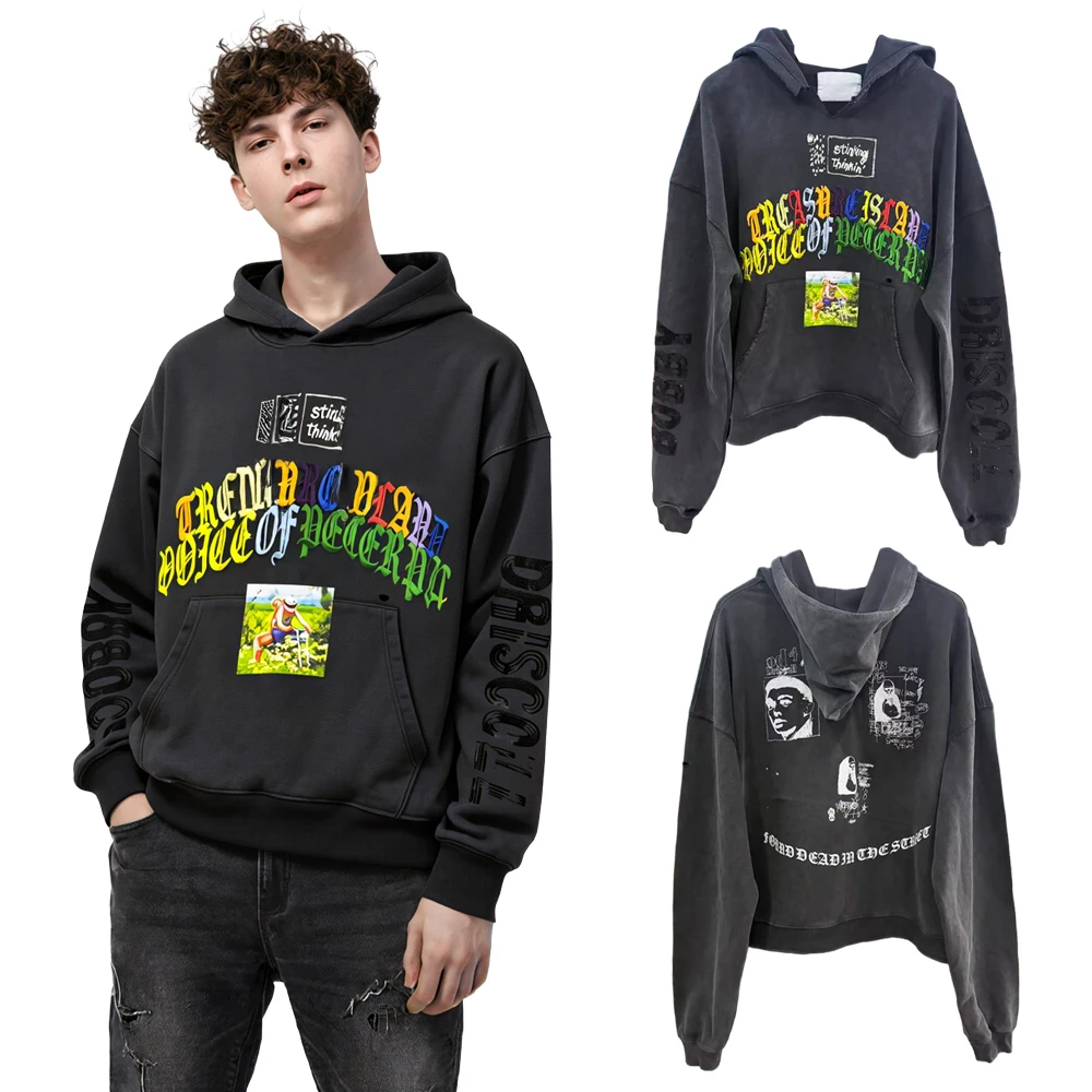 Y2k Streetwear Color Letter Embroidery Oversize Hoodies Retro Street Style Heavy Weight Cotton Distressed Graphic Casual Hoodies