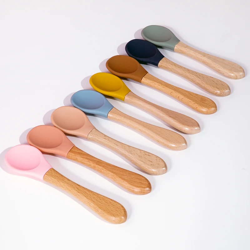 Feeding Wooden Handle Silicone Spoon For Baby Utensils Eat Soild Food Kids Training Manipulative Ability Children\'s Tableware