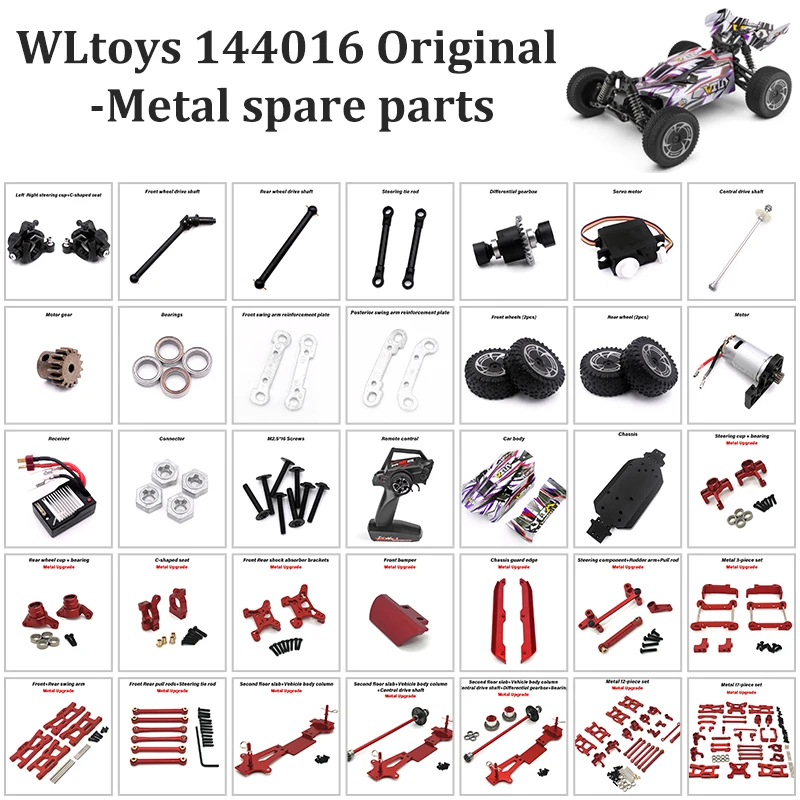 WLtoys 144016 Remote Control Car Original Spare Parts Motor Receiver Servo Motor Turning Cup Tire Drive Shaft Metal Upgrade Part