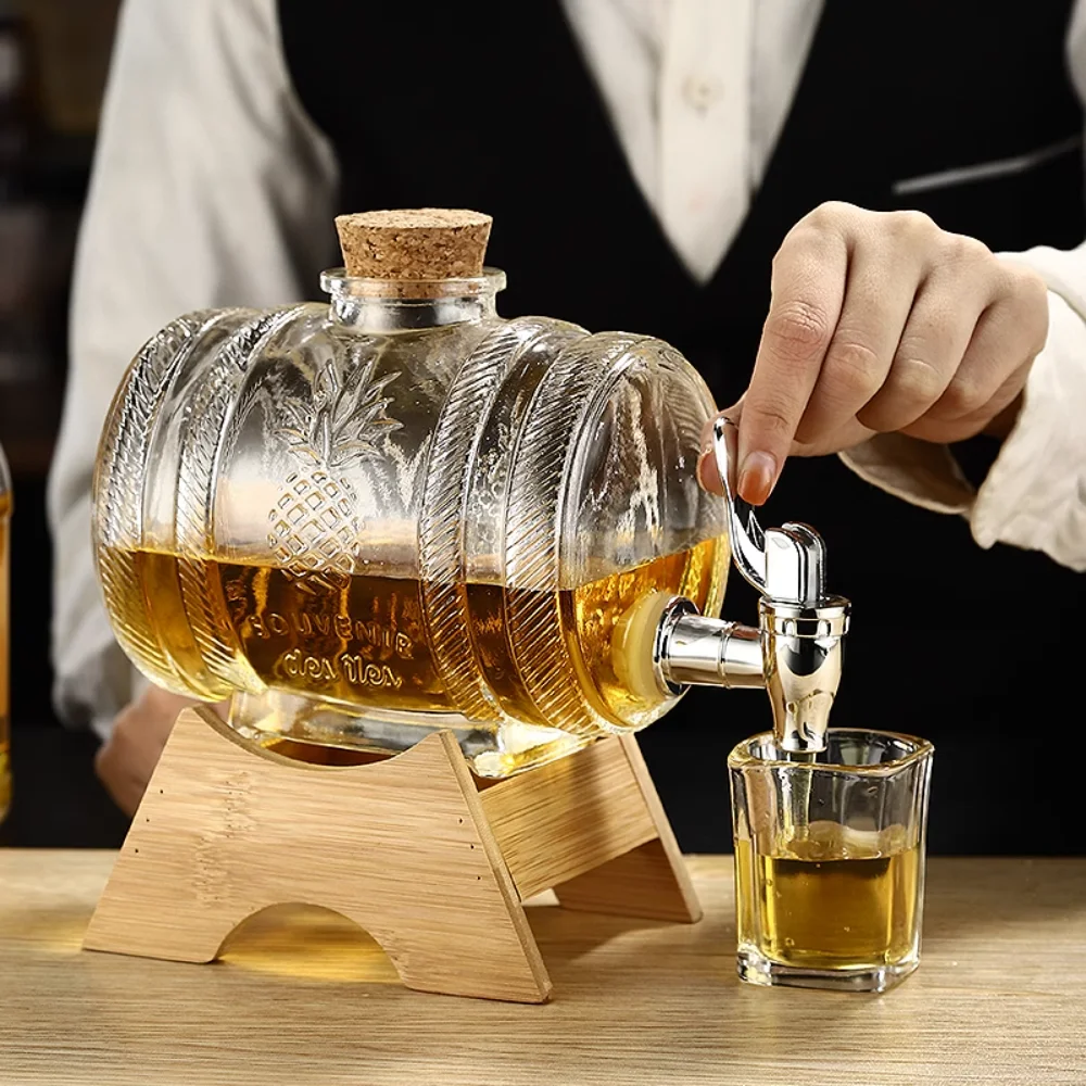 Whisky Glass Barrel Container with Tap, Beer Juice Glass Jar, Special Glass Bottle with Faucet, Thickened Drink Bucket, 1000ml